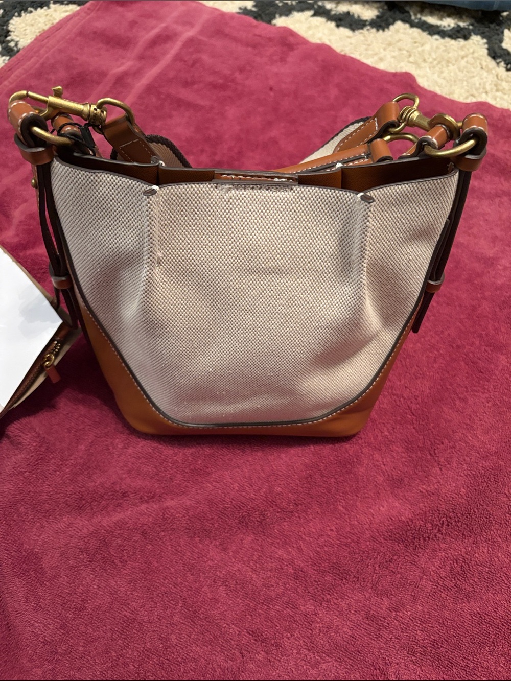 Zara Cream Canvas and Tan Faux Leather Bucket Bag NWT - Picture 6 of 8